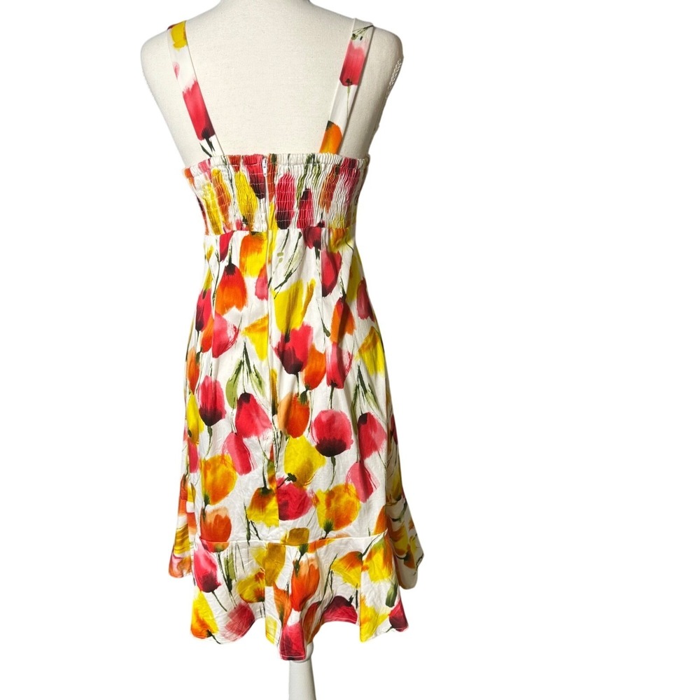 Madison Leigh Petite 10 Floral Tulip Print Ruffle Hem Summer Sundress Red Yellow - Picture 3 of 8